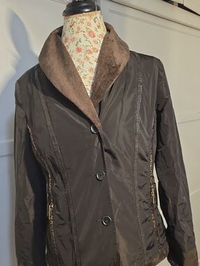 Chico's Women's Brown Lightweight Button-Front Coat with Faux Fur Collar  Size 4